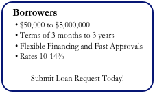 Borrowers
 $50,000 to $5,000,000
 Terms of 3 months to 3 years
 Flexible Financing and Fast Approvals
 Rates 10-14%

Submit Loan Request Today!